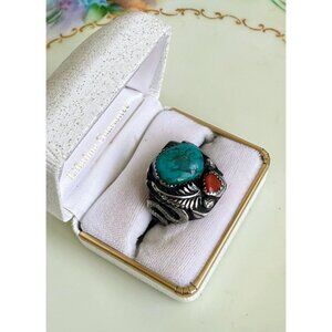Vintage 60's Native American Mens Ring Turquoise Coral Snakes Sz 11 3/4